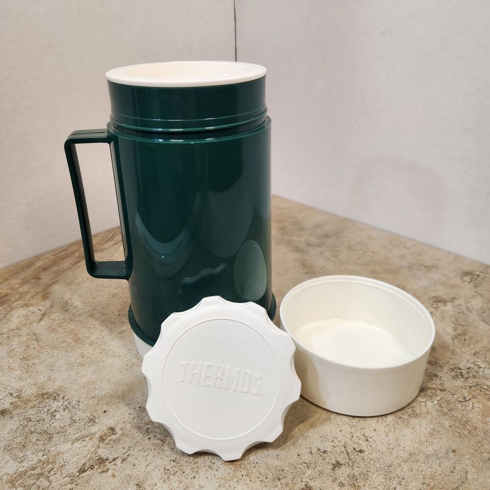 Vintage Thermos Green & White 10 oz Traveling Food Soup Drink Jar with Lids